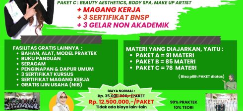 Pelatihan Kecantikan Paket 3in1 Bersertifikat Kompetensi BNSP dan sertifikat kursus, ada magang kerja, pengetahuan dan pendampingan ijin usaha (nib), dan […]